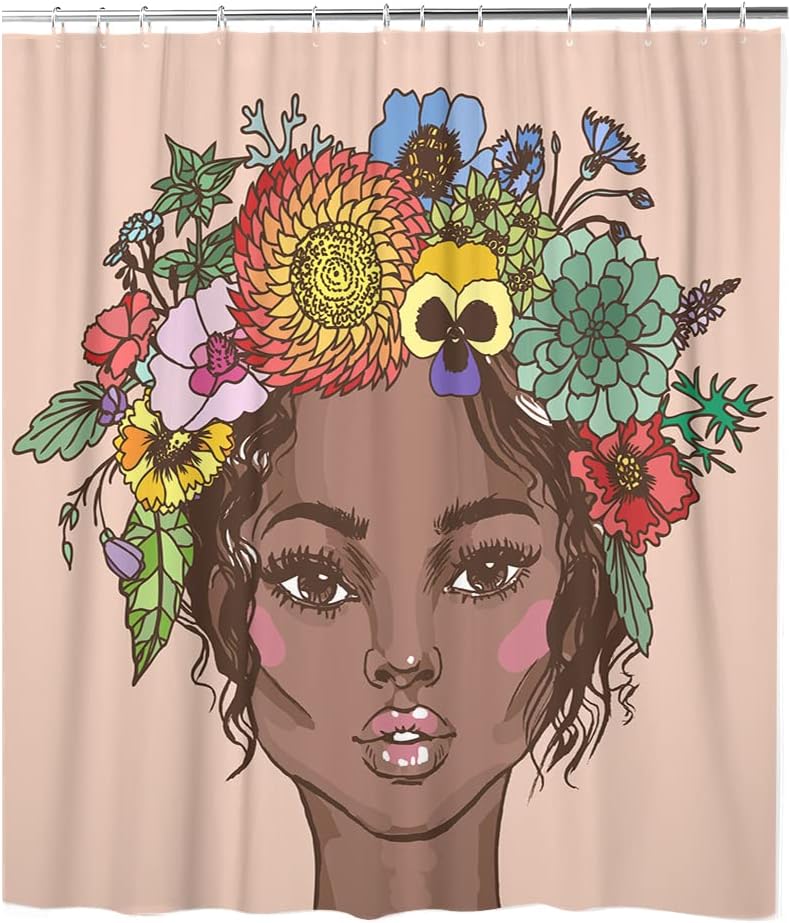 African American Beautiful Woman Floral Wreath Hand Drawn Fashion Portrait Shower Curtain - Hippie Afro Africa Machine