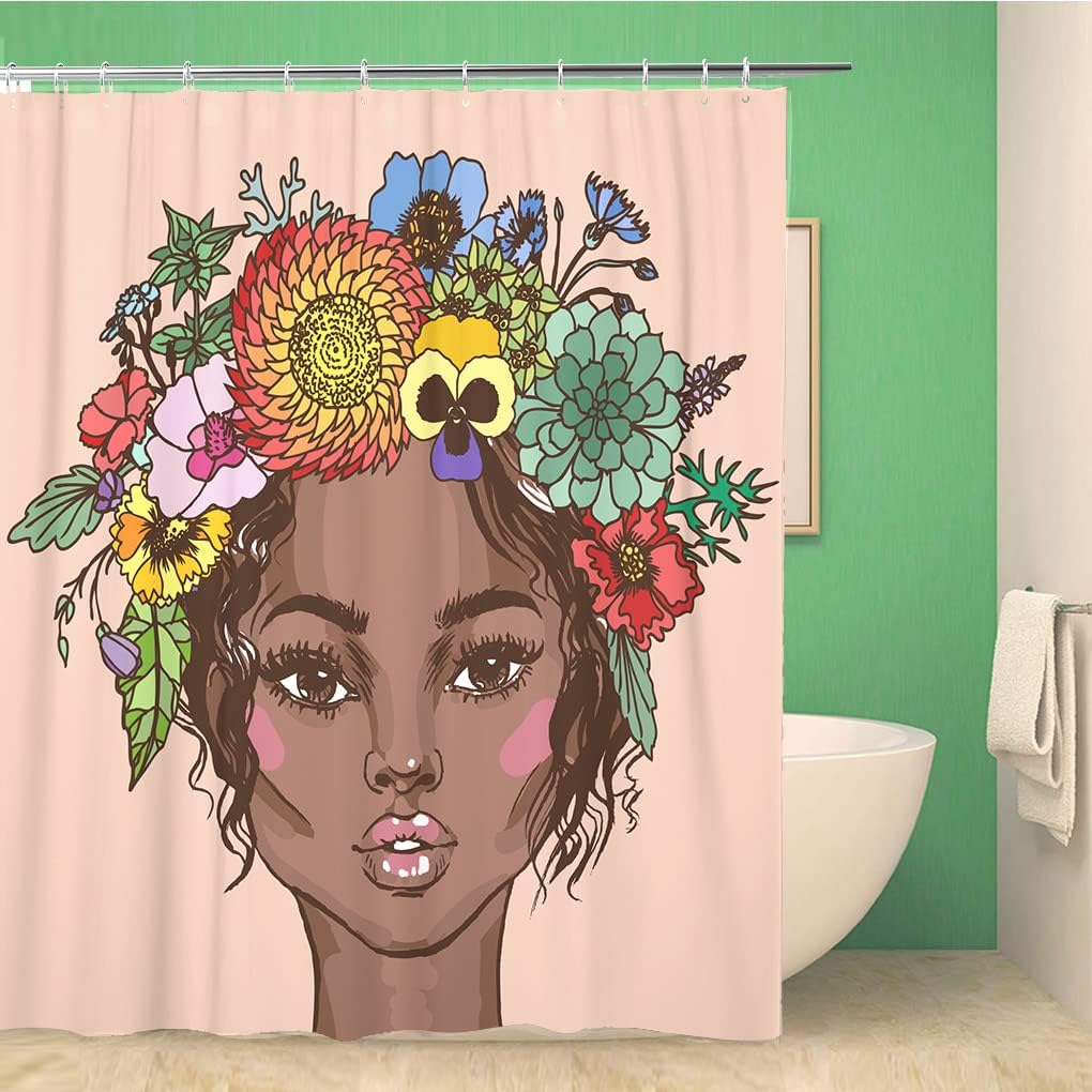 African American Beautiful Woman Floral Wreath Hand Drawn Fashion Portrait Shower Curtain - Hippie Afro Africa Machine - Image 2