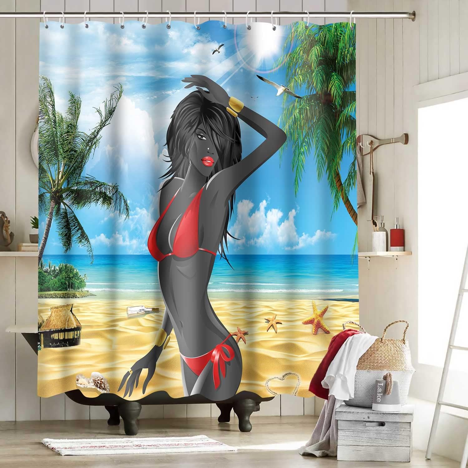 African American Black Girl Shower Curtain - Sexy Girl on The Beach Bathroom Decor