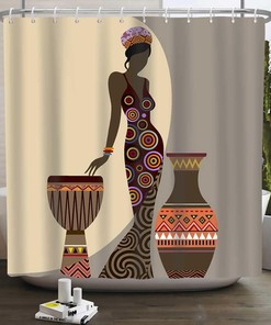 African American Black Girl Shower Curtain - Standing Next to The Bottle Bathroom Decor