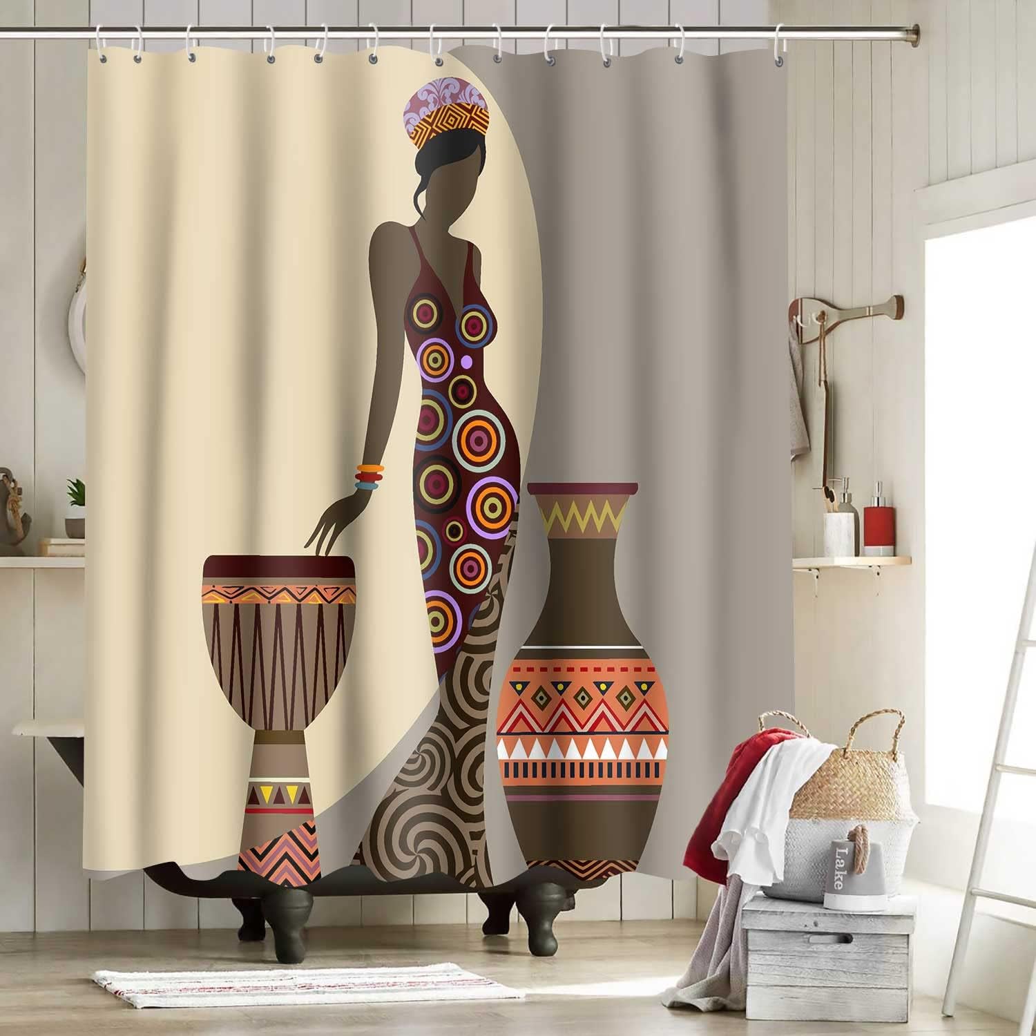 African American Black Girl Shower Curtain - Standing Next to The Bottle Bathroom Decor