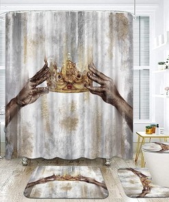 African American Black Queen Gold Crown Print Shower Curtain Set - Bathroom Accessories