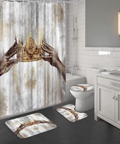 African American Black Queen Gold Crown Print Shower Curtain Set - Bathroom Accessories