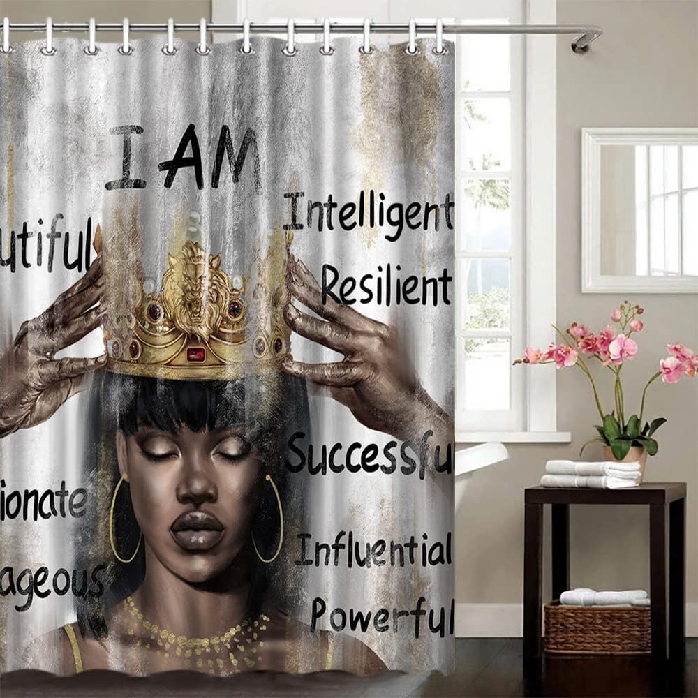 African American Black Queen Motivational Quotes Print Shower Curtain - Machine Washable Bathroom Decor