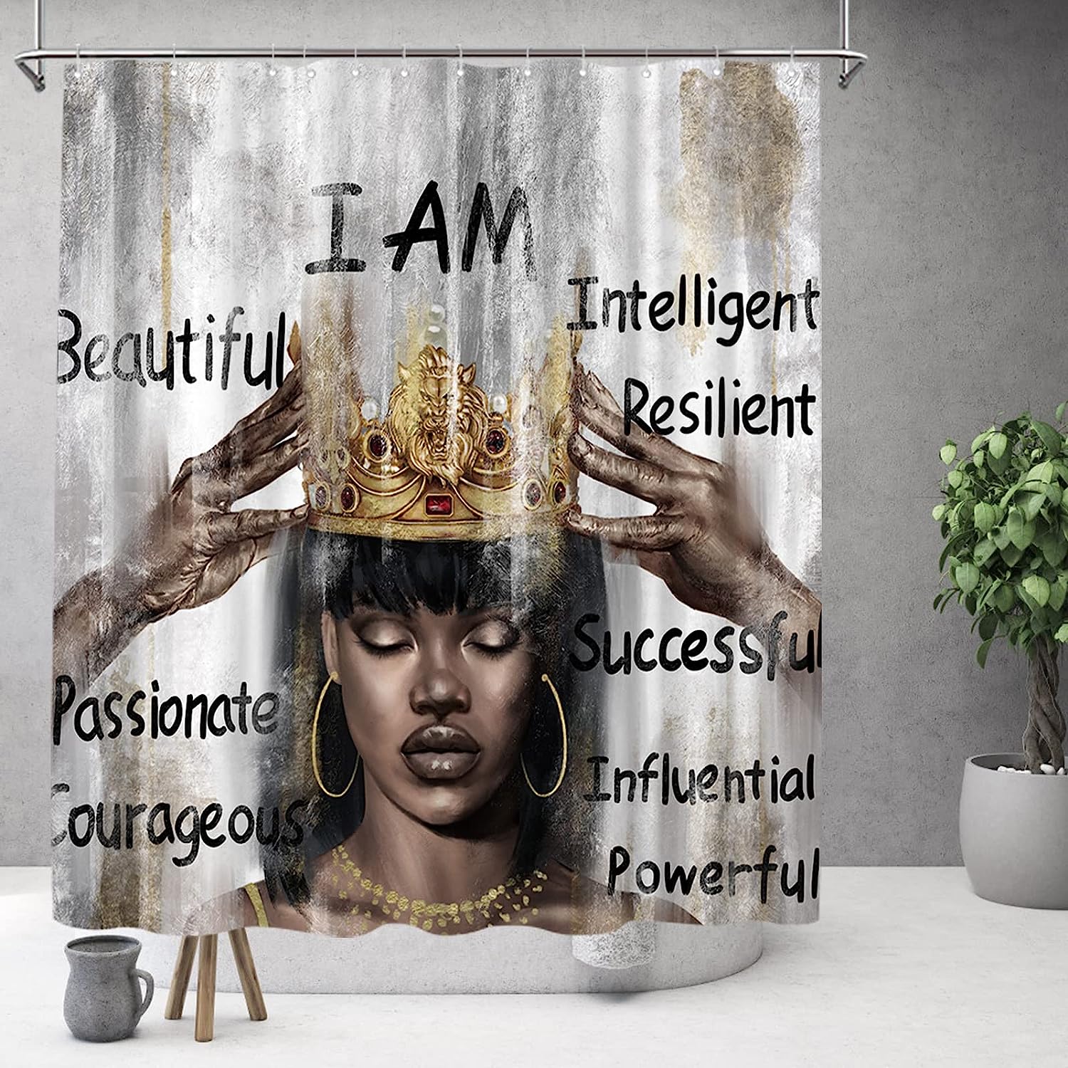 African American Black Queen Motivational Quotes Print Shower Curtain - Machine Washable Bathroom Decor