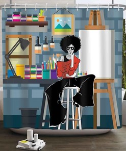 African American Fashion Woman Shower Curtain - Girl Sitting in Studio Bathroom Decor
