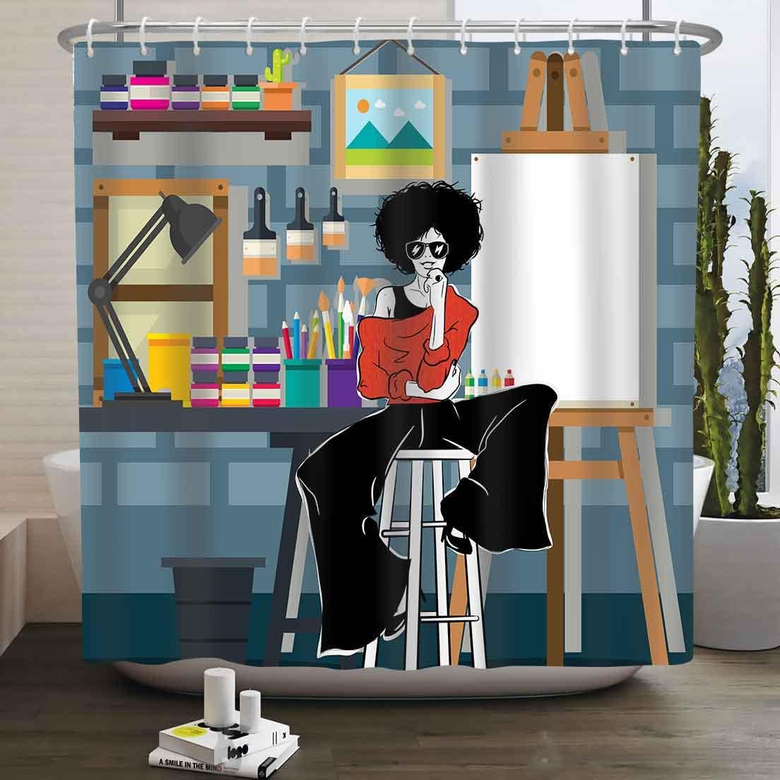 African American Fashion Woman Shower Curtain - Girl Sitting in Studio Bathroom Decor