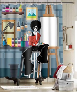 African American Fashion Woman Shower Curtain - Girl Sitting in Studio Bathroom Decor