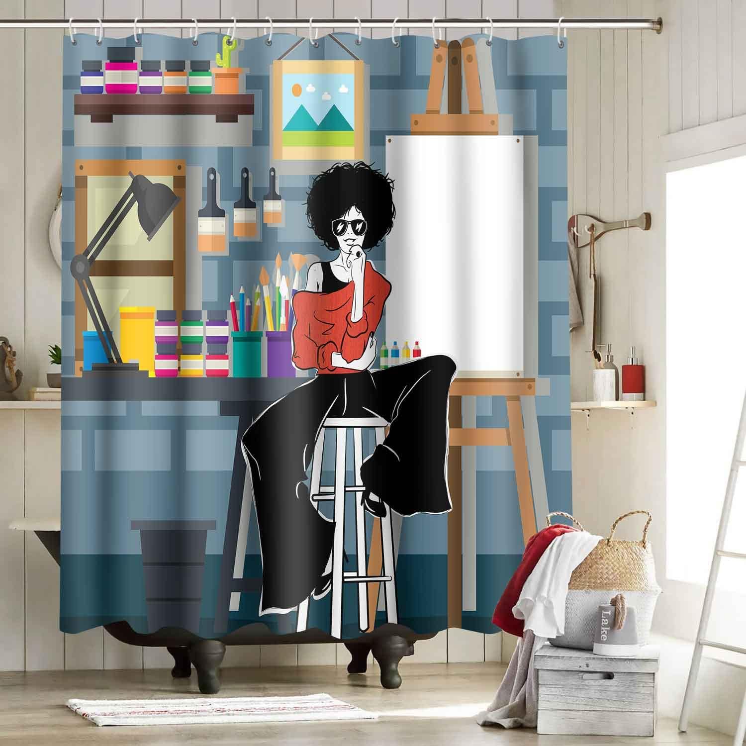 African American Fashion Woman Shower Curtain - Girl Sitting in Studio Bathroom Decor