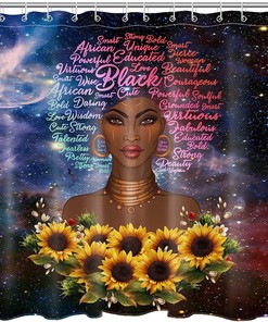 African American Girl Galaxy Shower Curtain with Sunflower and Slogan for Bathroom Decor