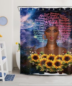 African American Girl Galaxy Shower Curtain with Sunflower and Slogan for Bathroom Decor 