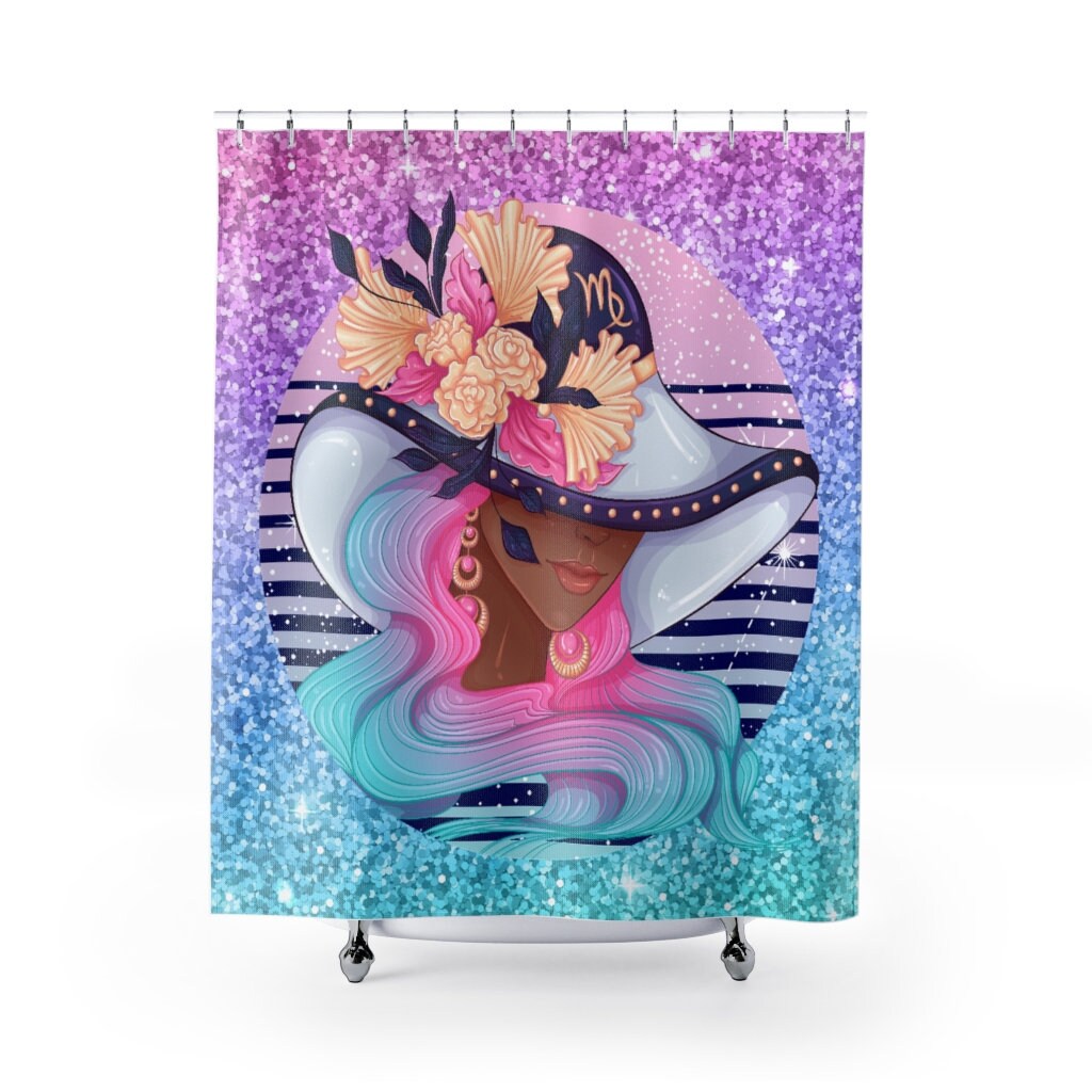 African American Girl Horoscope Shower Curtain with Virgo Zodiac Sign, Unique Bathroom Decor with Astrology Theme