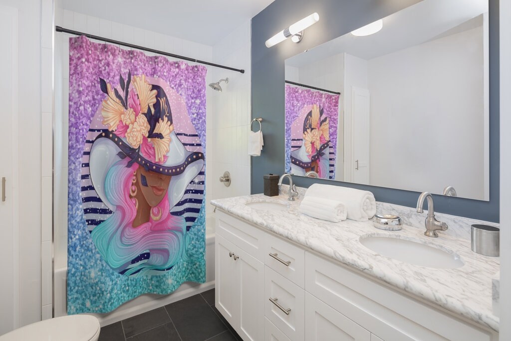 African American Girl Horoscope Shower Curtain with Virgo Zodiac Sign, Unique Bathroom Decor with Astrology Theme
