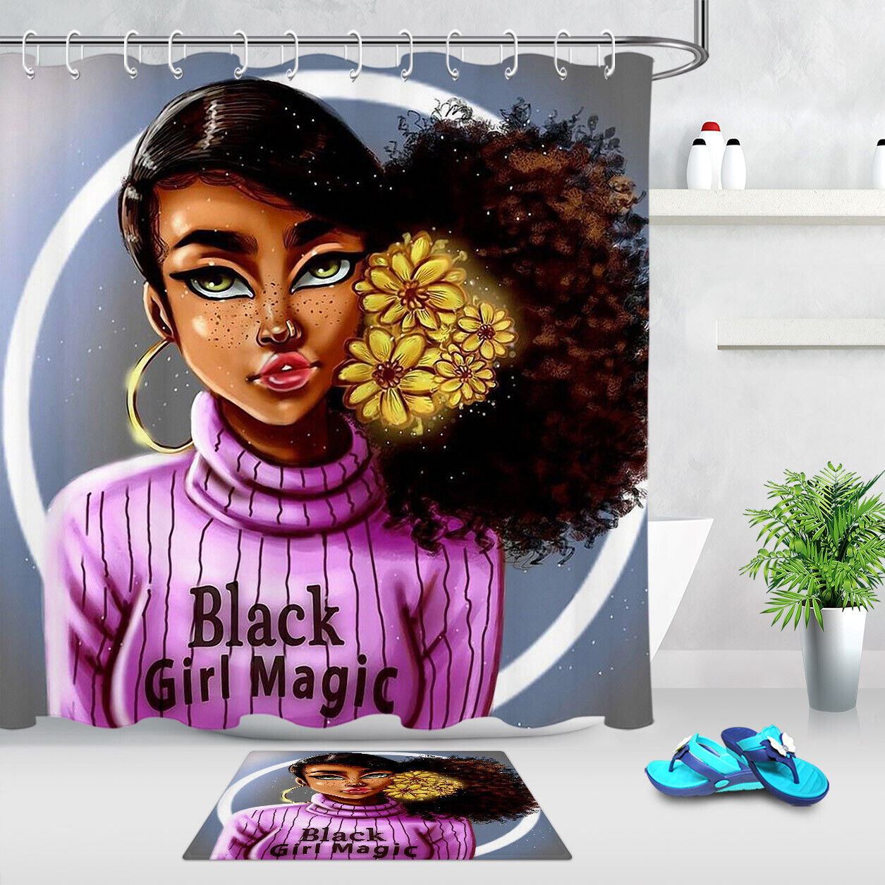African American Girl With Flowers Shower Curtain - Modern And Aesthetic Bathroom Decor With Unique And Bold Print
