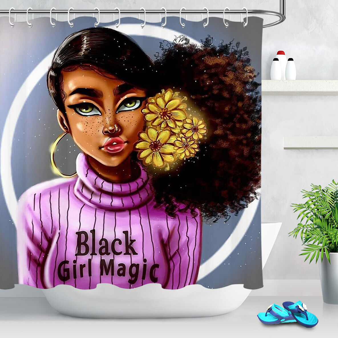 African American Girl With Flowers Shower Curtain - Modern And Aesthetic Bathroom Decor With Unique And Bold Print - Image 2