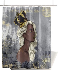 African American Girl with Crown Shower Curtain in Shabby Grey Gold for a Chic Bathroom Decor