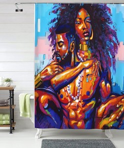 African American Lovers Couple Queen And King Black Art Theme Bathroom Textured Fabric Waterproof Shower Curtain
