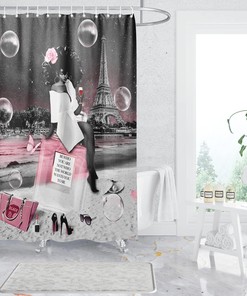 African American Pink Bag and Perfume Shower Curtain for a Girly Bathroom