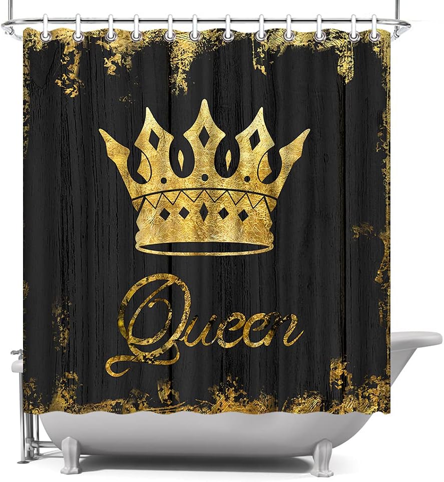 African American Queen Crown Rustic Shower Curtain, Gold And Black Bathroom Decor,