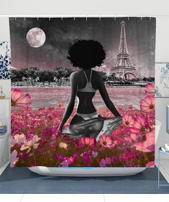 African American Sexy Afro Lady Fullmoon Flower Eiffel Tower Shower Curtain for a Chic Bathroom