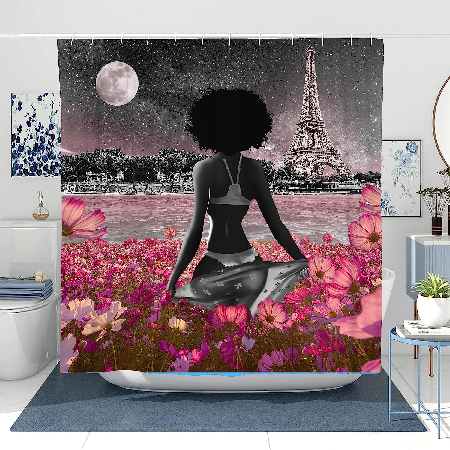 African American Sexy Afro Lady Fullmoon Flower Eiffel Tower Shower Curtain for a Chic Bathroom