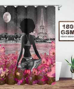 African American Sexy Afro Lady Fullmoon Flower Eiffel Tower Shower Curtain for a Chic Bathroom