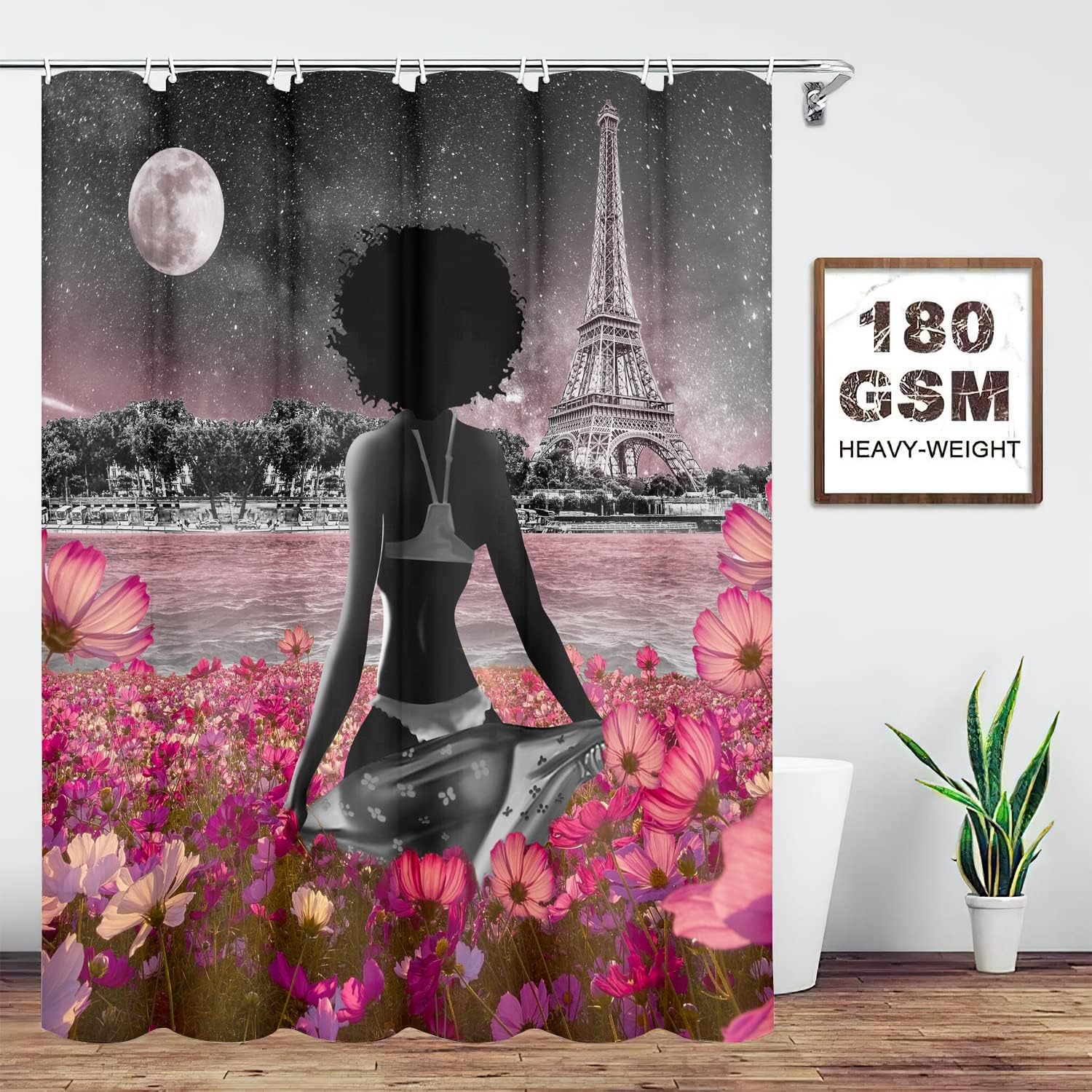 African American Sexy Afro Lady Fullmoon Flower Eiffel Tower Shower Curtain for a Chic Bathroom