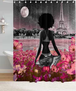 African American Sexy Afro Lady Fullmoon Flower Eiffel Tower Shower Curtain for a Chic Bathroom