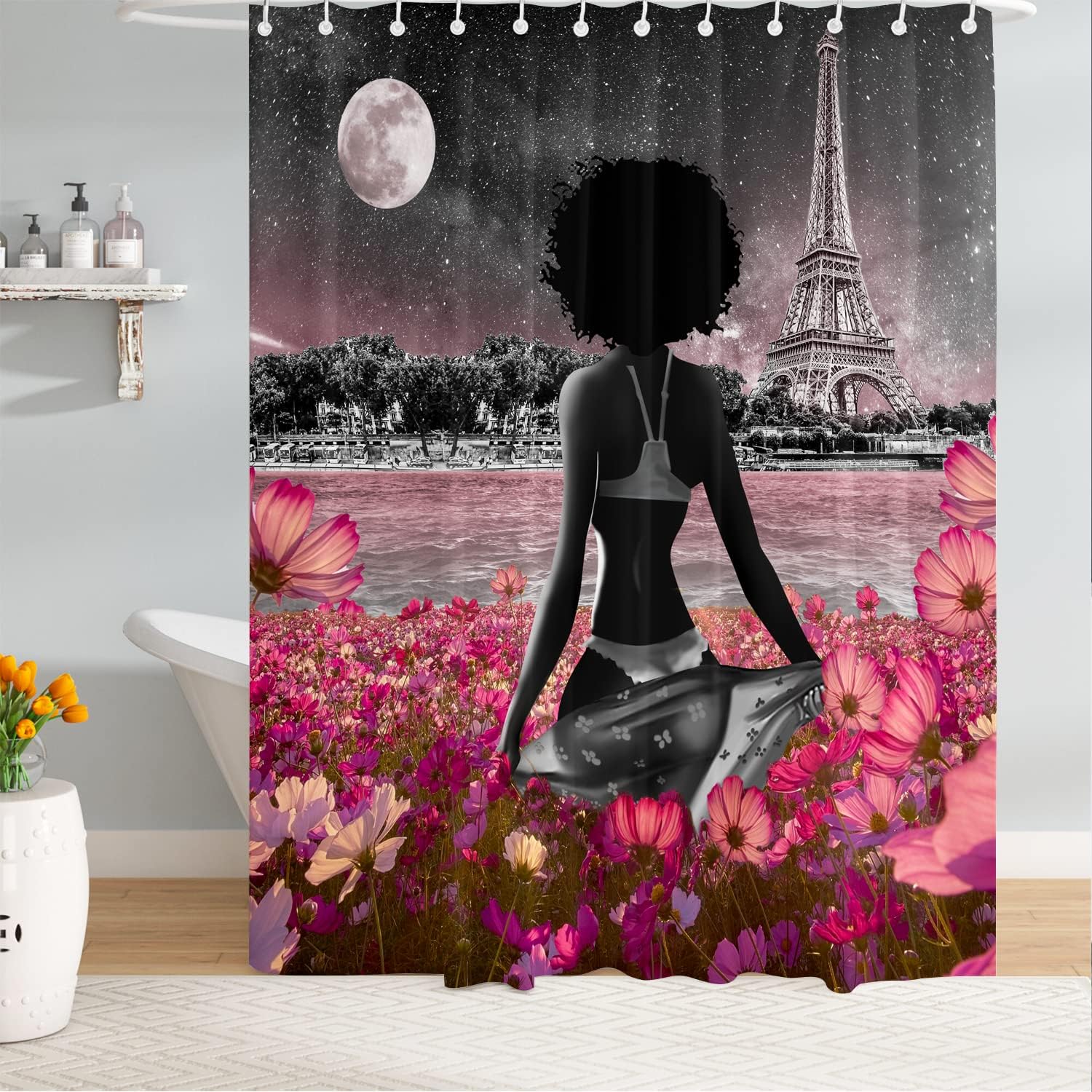 African American Sexy Afro Lady Fullmoon Flower Eiffel Tower Shower Curtain for a Chic Bathroom