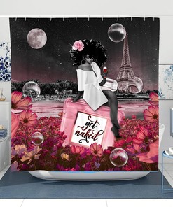 African American Sexy Afro Lady Wine Cherry Pink Flower Perfume Shower Curtain for a Sensual Bathroom