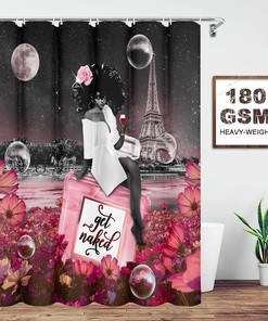 African American Sexy Afro Lady Wine Cherry Pink Flower Perfume Shower Curtain for a Sensual Bathroom
