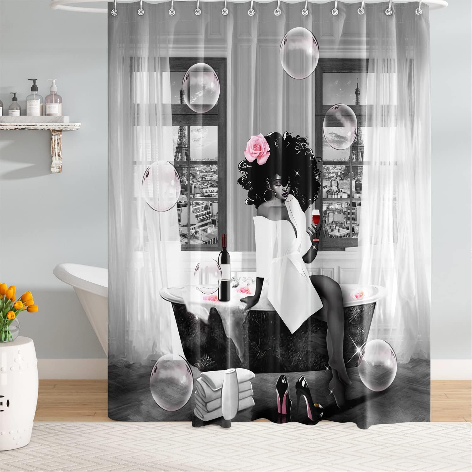 African American Sexy High Heels Bubble Pink Rose Shower Curtain for a Romantic Bathroom