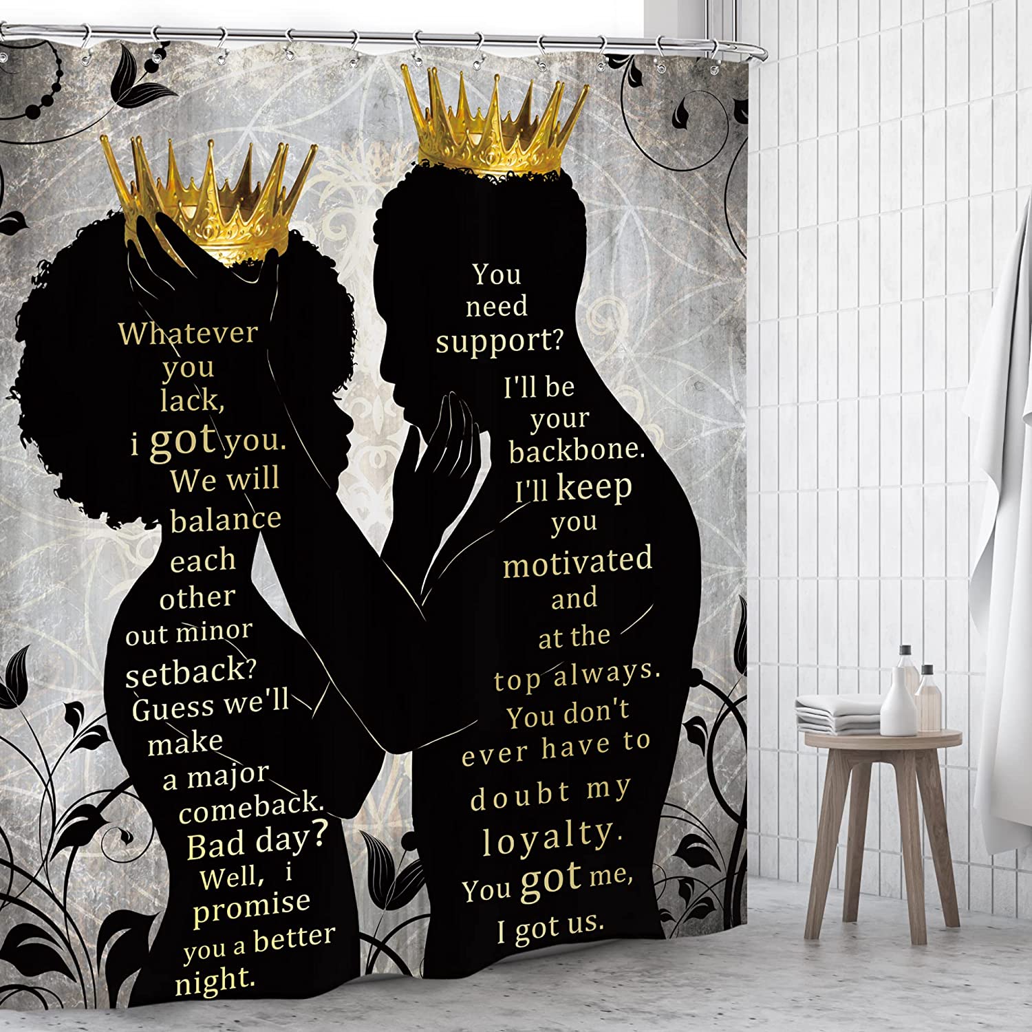 African American Shower Curtain - Empowering Women and Men with Afro Hairstyles and Gold Crown