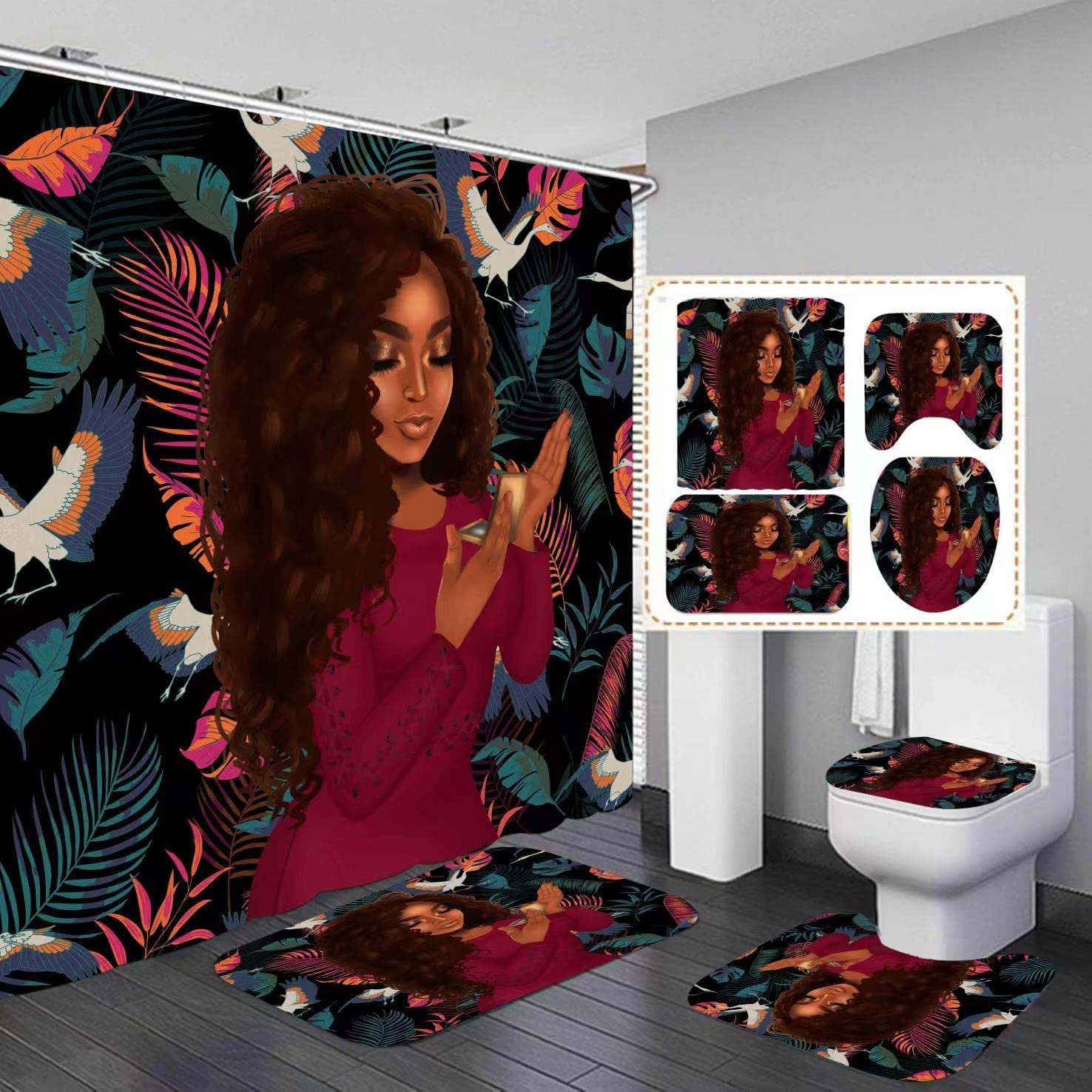 African American Shower Curtain For Bathrooms, Black Girl Bathroom Decor With Red Accents