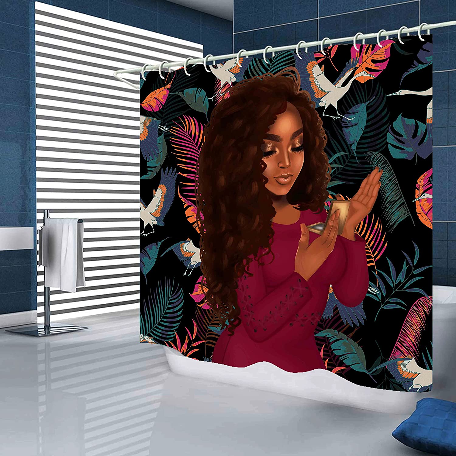 African American Shower Curtain For Bathrooms, Black Girl Bathroom Decor With Red Accents - Image 2