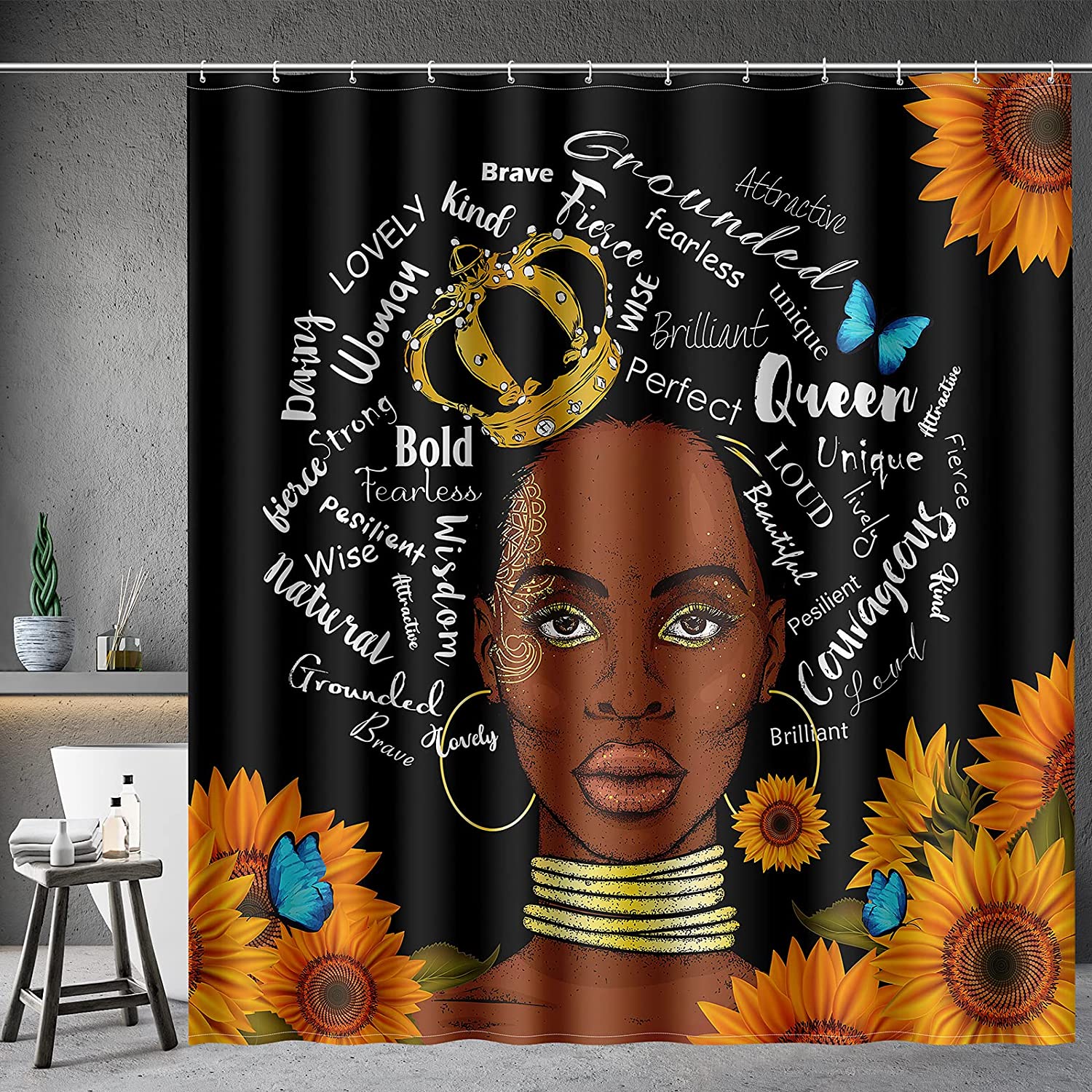 African American Sunflower Butterflies Shower Curtain, Farmhouse Bathroom Decor Accessories