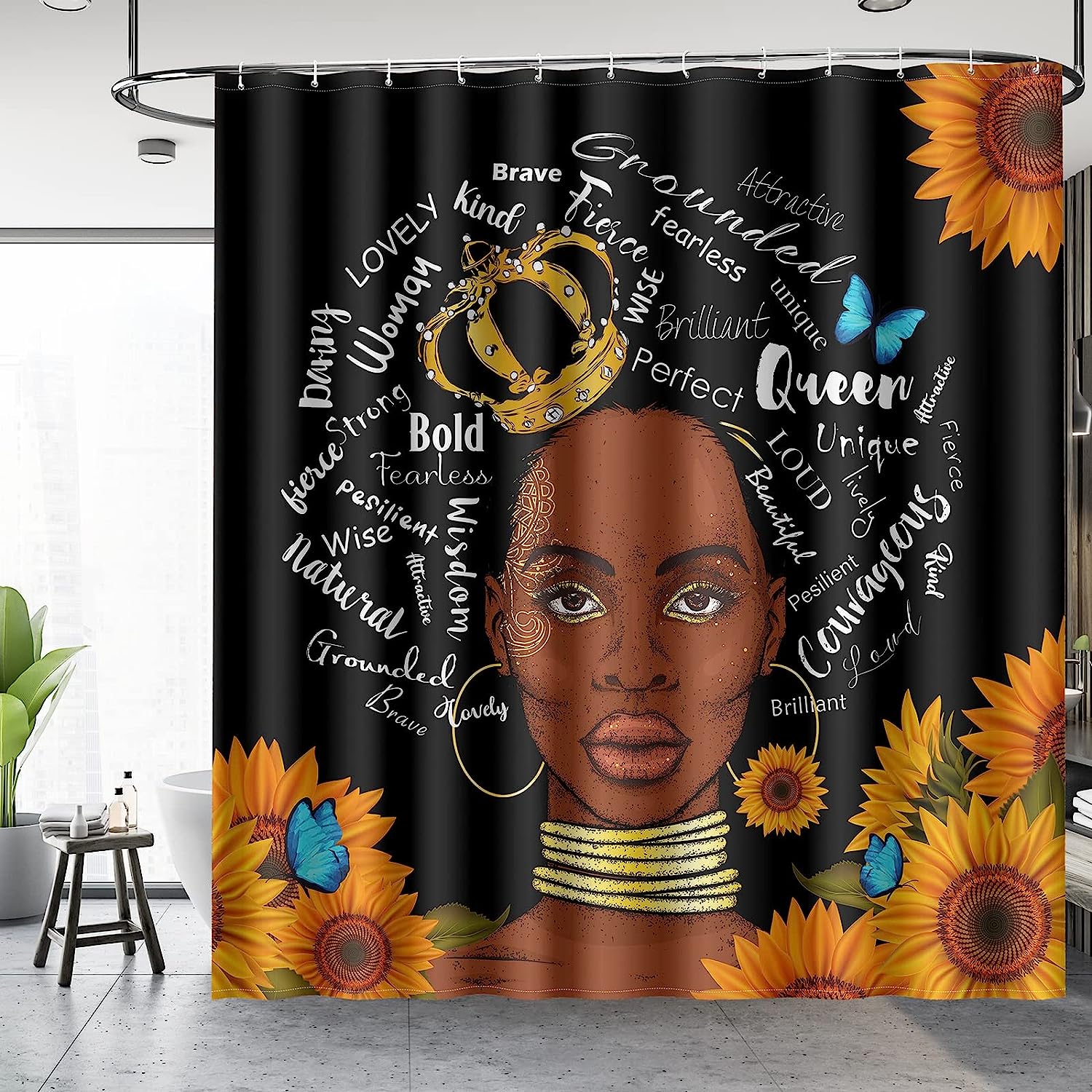 African American Sunflower Butterflies Shower Curtain, Farmhouse Bathroom Decor Accessories - Image 2