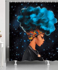 African American Woman Afro Lady with Blue Hair, Raymall Black Shower Curtain Waterproof Fabrics for Bathroom Decor