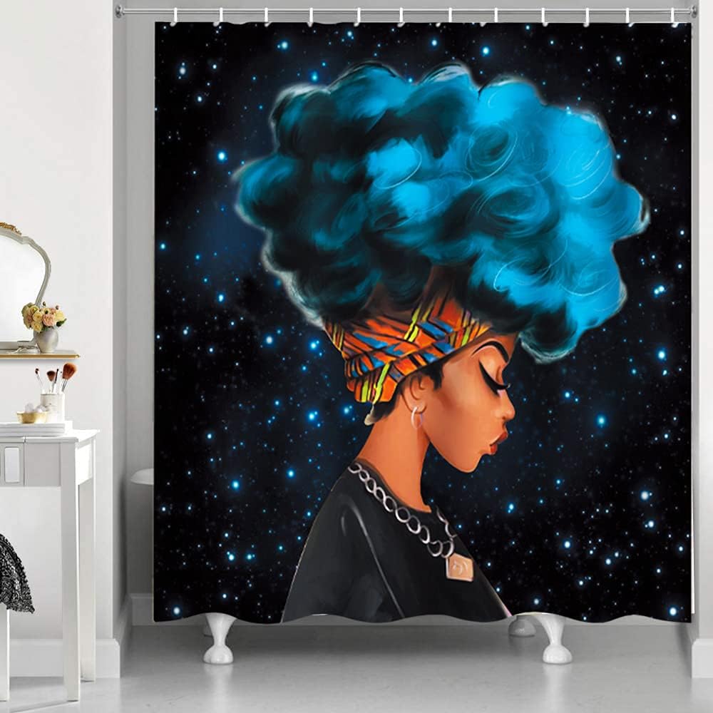 African American Woman Afro Lady with Blue Hair, Raymall Black Shower Curtain Waterproof Fabrics for Bathroom Decor
