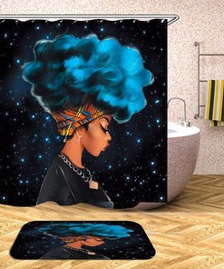 African American Woman Afro Lady with Blue Hair, Raymall Black Shower Curtain Waterproof Fabrics for Bathroom Decor