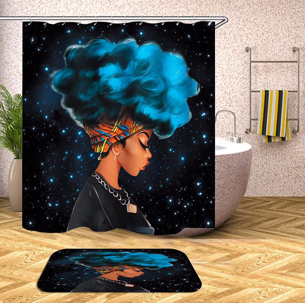 African American Woman Afro Lady with Blue Hair, Raymall Black Shower Curtain Waterproof Fabrics for Bathroom Decor