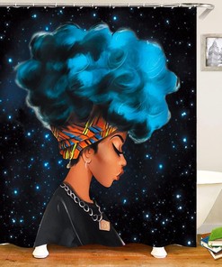 African American Woman Afro Lady with Blue Hair, Raymall Black Shower Curtain Waterproof Fabrics for Bathroom Decor