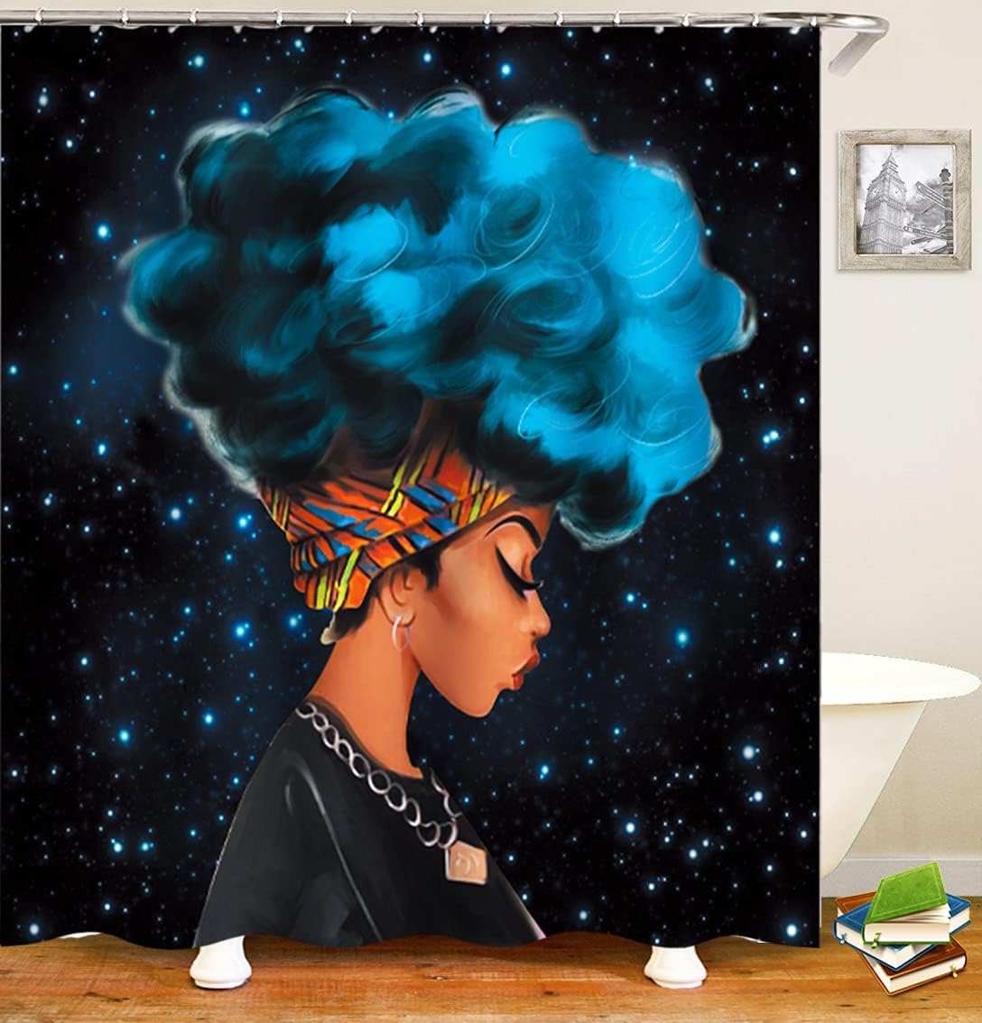 African American Woman Afro Lady with Blue Hair, Raymall Black Shower Curtain Waterproof Fabrics for Bathroom Decor