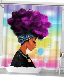 African American Woman Afro Lady with Purple Hair Black Shower Curtain for Unique Bathroom Decor