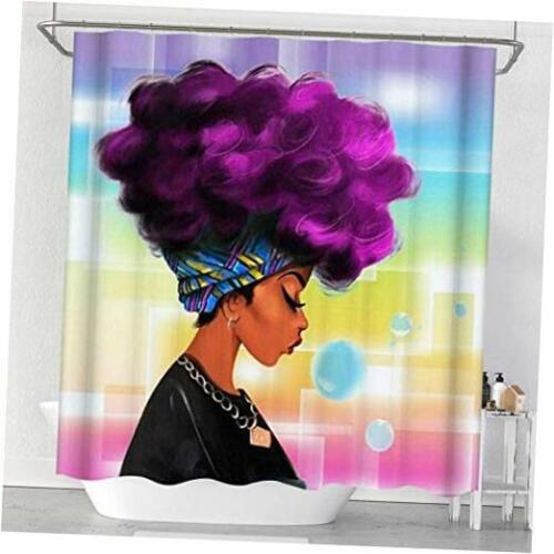 African American Woman Afro Lady with Purple Hair Black Shower Curtain for Unique Bathroom Decor