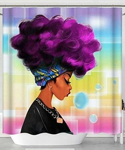 African American Woman Afro Lady with Purple Hair Black Shower Curtain for Unique Bathroom Decor
