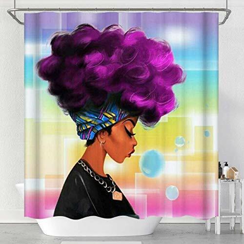 African American Woman Afro Lady with Purple Hair Black Shower Curtain for Unique Bathroom Decor