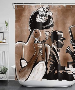 African American Woman Afro Shower Curtain, Jazz Musicist Bathroom Decor