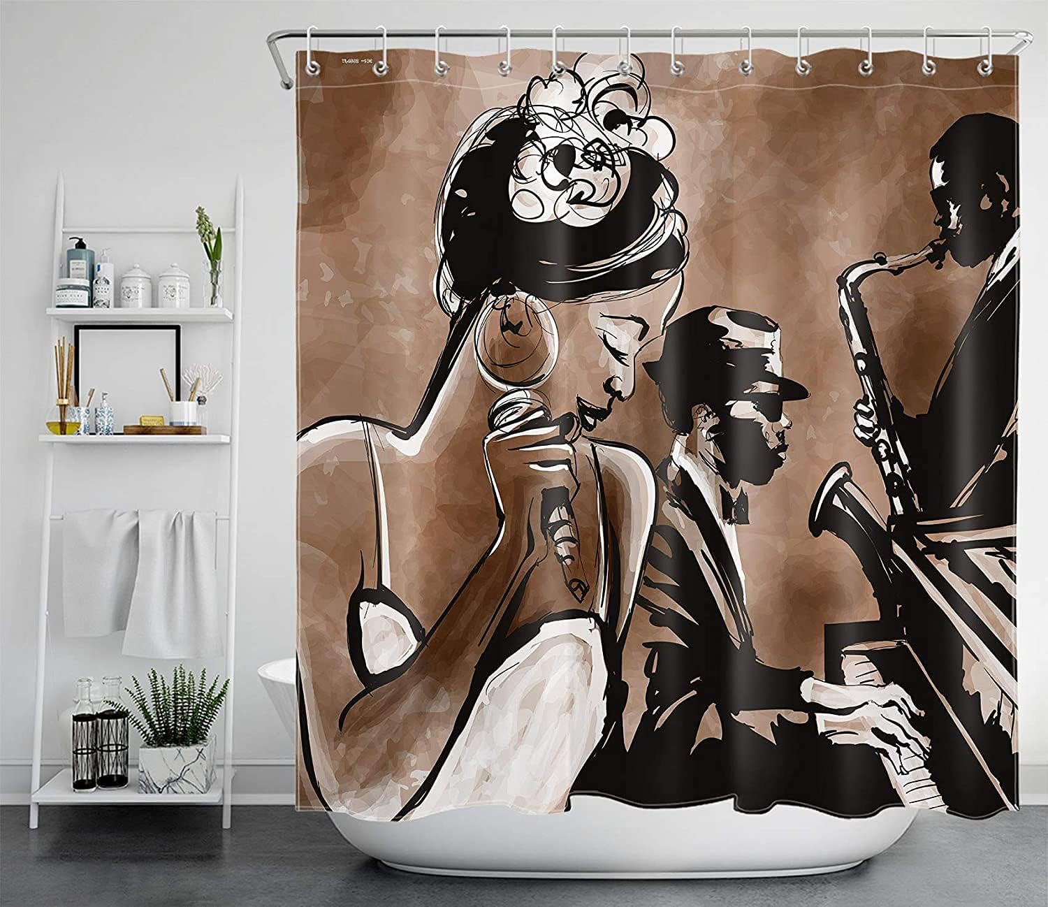 African American Woman Afro Shower Curtain, Jazz Musicist Bathroom Decor