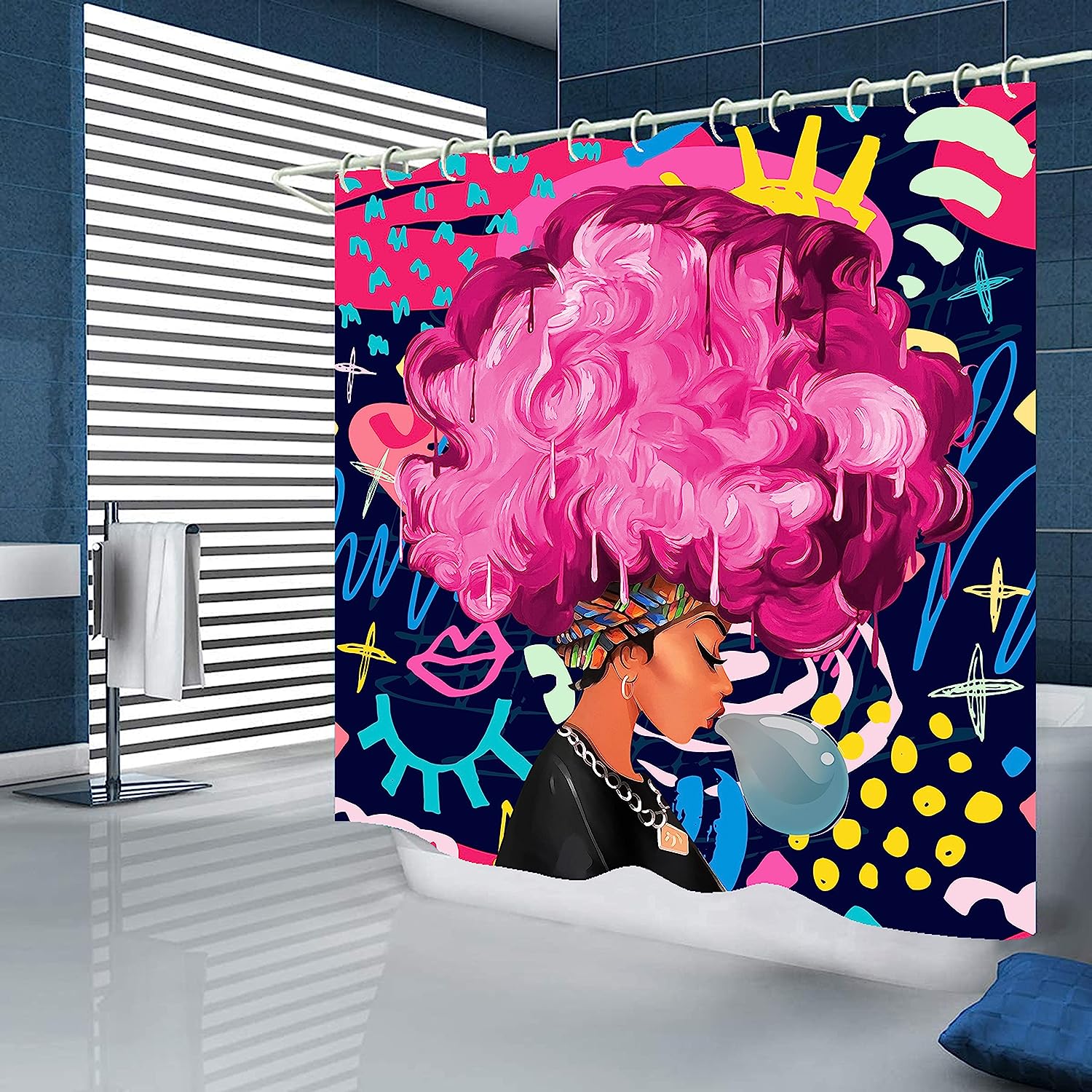 African American Woman Red Shower Curtain With Black Girl Bathroom Accessories - Image 2